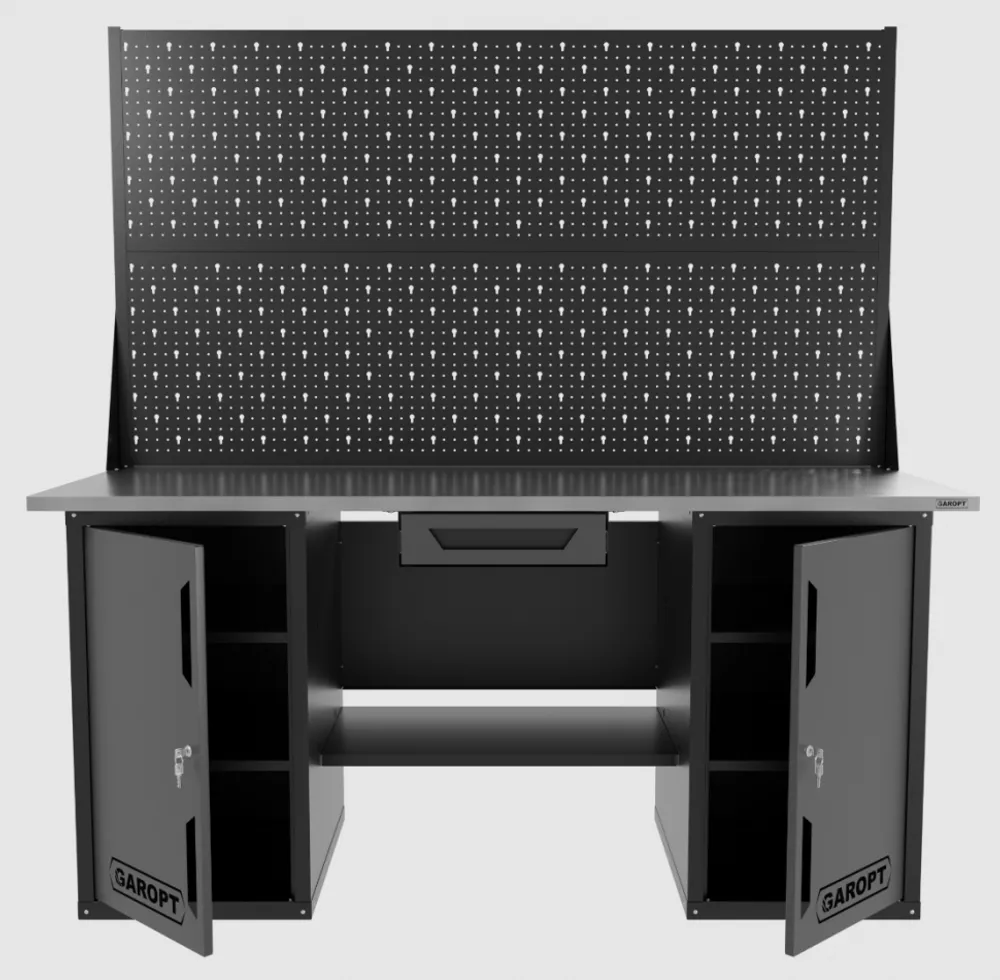 Верстак двухтумбовый с двумя экранами и ящиком, серый 1800*700 Garopt, GT1800DDY1PP2.grey