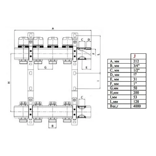 Группа коллекторная без расходомеров 3 отвода 1"в/в x ¾"ек Valtec VTc.594.EMNX.0603