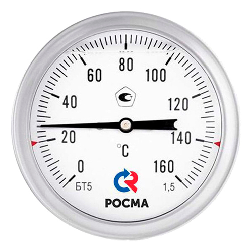 Термометр осевой Росма БТ-51.22G (-3G-5G°C) под ГЗ L=64 G1/2 1.5 биметаллический коррозионностойкий 1GG мм, тип БТ-51.22G, осевое присоединение, шкала (-3G-5G°C), длина штока L= 64мм, резьба G1/2, класс точности 1.5, готовый к гидрозаполнению