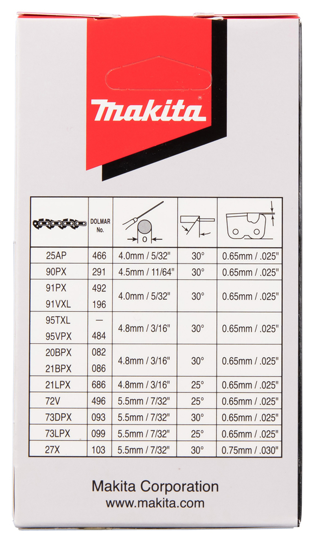Цепь, длина 25 см/10, шаг 1/4, паз 1.3 мм, 60 звеньев, 25AP Makita 191G96-5
