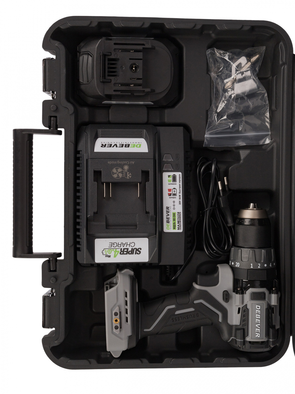 DBE-7332CKIT Дрель-шуруповерт аккумуляторная DeBever бесщеточная, ударная, 85Nm, 20+3, 13мм, 20В, 2 Ач в наборе с аккумулятором и зарядным устройством