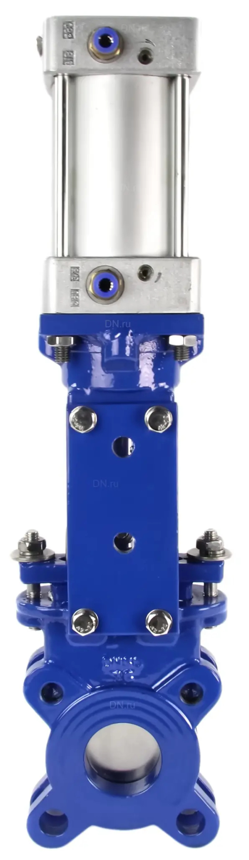 Задвижка шиберная DN.ru GVKR3431M-1W-Fb-2P Ду65 Ру10 односторонняя, межфланцевая, шпиндель - выдвижной, корпус - сталь WCB, шибер - нержавеющая сталь 304, уплотнение - металл, с пневмоприводом