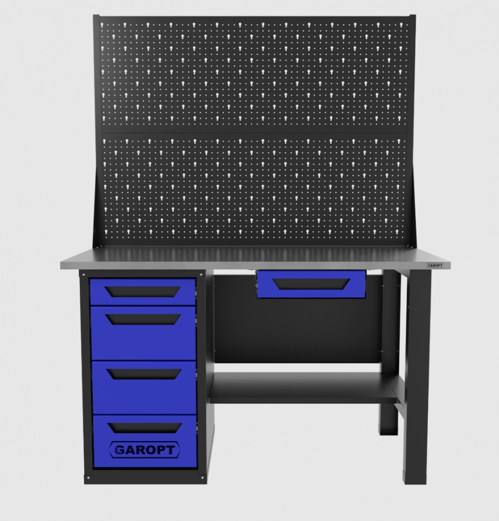 Верстак однотумбовый 4 ящика с двумя экранами и ящиком, синий 1400*700 Garopt, GT1400STY1Y4PP2.blue