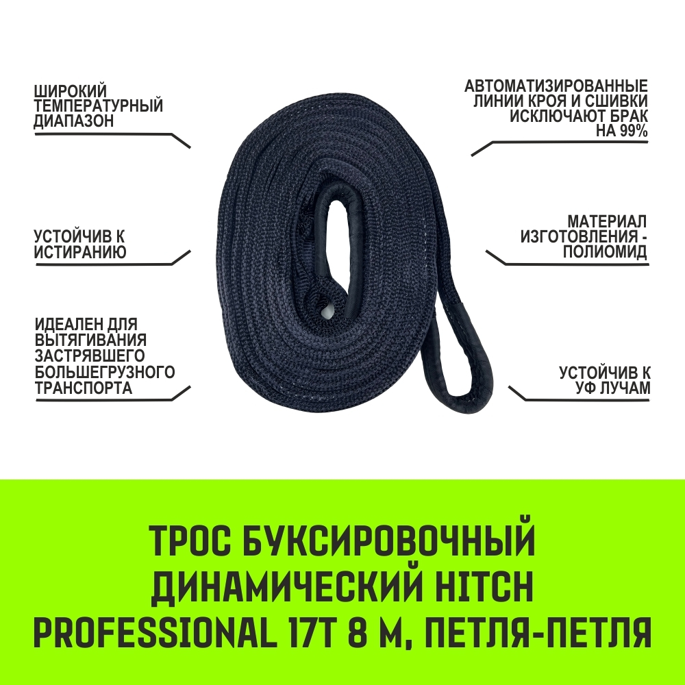 Трос буксировочный динамический HITCH PROF Лента, масса авто 1,7 т, разрывная 5 т, 6 м, 2 скобы