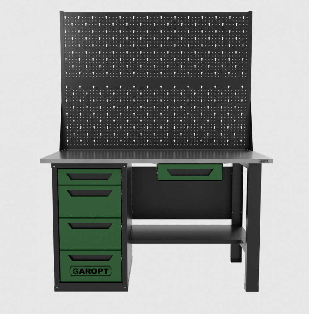 Верстак однотумбовый 4 ящика с двумя экранами и ящиком, зеленый 1400*700 Garopt, GT1400STY1Y4PP2.green