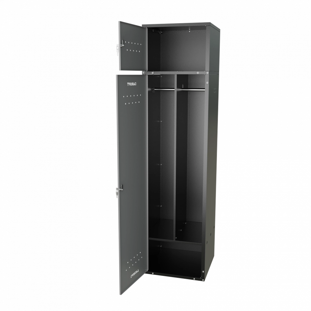 Шкаф для раздевалок GT205SHP.GREY (500мм х 500мм х 1936мм) СЕРЫЙ . Секция для обуви, двойная секция для курток с перекладиной под вешалки, верхняя антресоль с отдельным замком для головных уборов и сумок. Габариты упаковки 1630*540*155 мм (Д*Ш*В)