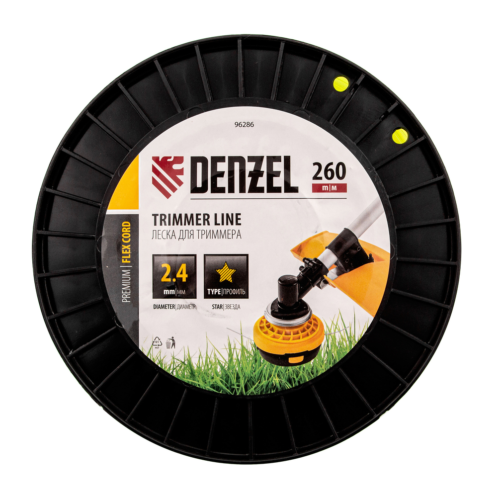 Леска для триммера звезда, 2,4мм х 260м, на DIN катушке FLEX CORD// Denzel