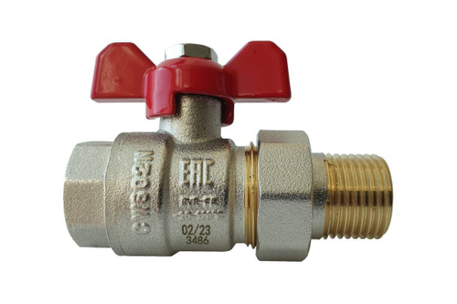 Ридан BVR-FR 065B8306R — Кран шаровой с накидной гайкой и ниппелем ("американка") PN40, DN32; Т от -20 ℃ ...+120 ℃; материал корпуса латунь CW602N