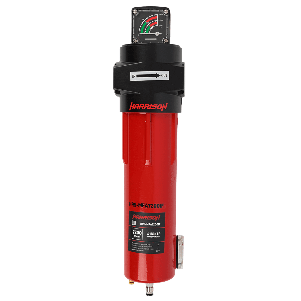 HRS-MFD7200IF Фильтр магистральный 0,01 мкм с дифференциальным манометром, 7200 л/мин, 12 бар, G 1 1/2", остаточное содержание масла: 0,001 мг/м3