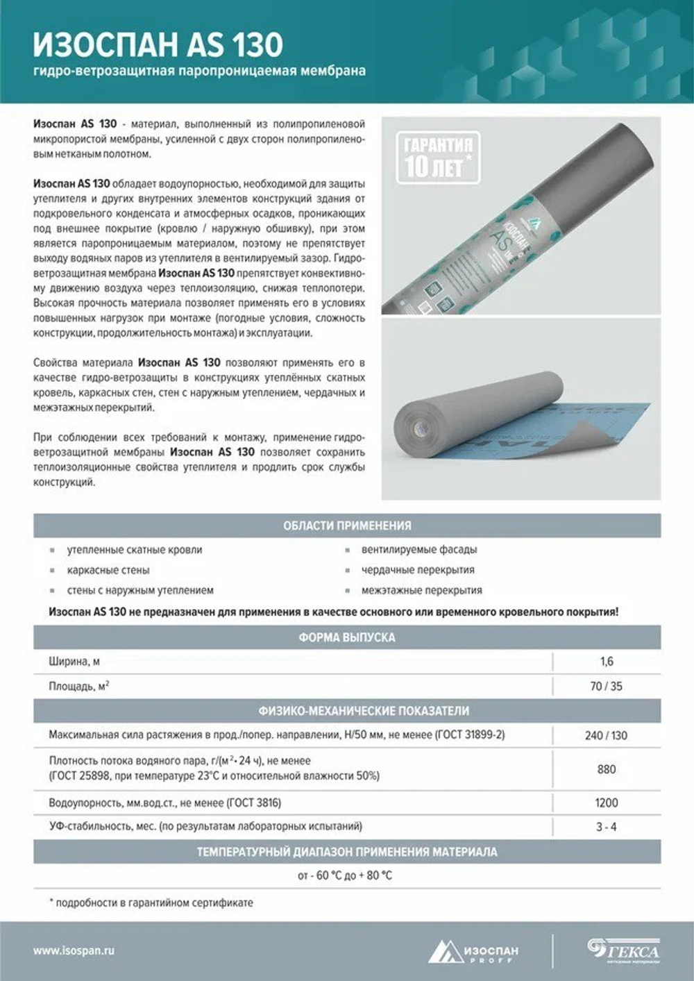 Гидро-ветрозащитная мембрана Изоспан AS 130 PROFF паропроницаемая 70 м2, рул