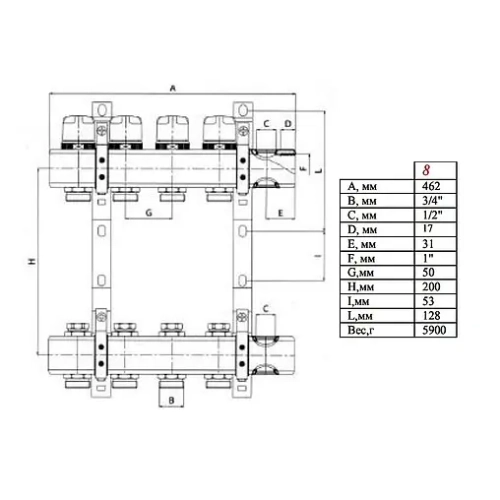 Группа коллекторная без расходомеров 8 отводов 1"в/в x ¾"ек Valtec VTc.594.EMNX.0608