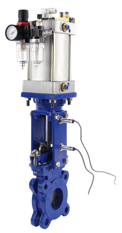 Задвижка шиберная DN.ru GVKR3431M-1W-Fb-2P Ду200 Ру10 межфланцевая, клин - однодисковый, шпиндель - выдвижной, корпус - сталь, уплотнение - металл, с пневмоприводом, пневмораспред. 4V210-08220В, индукц. датчиками LJ12A3-4-J, возд. фильтром AFC2000