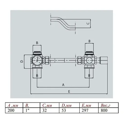 Байпас проходной с перепускным клапаном и термометром 1"в x 1"в Valtec VT.0667T.0.0