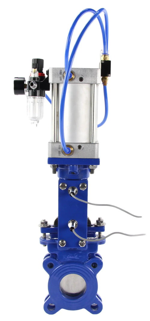 Задвижка шиберная DN.ru GVKR3431M-1W-Fb-2P Ду50 Ру10 межфланцевая, клин - однодисковый, шпиндель - выдвижной, корпус - сталь, уплотнение - металл, с пневмоприводом, пневмораспред. 4V210-08220В, индукц. датчиками LJ12A3-4-J, возд. фильтром AFC2000