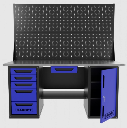 Верстак двухтумбовый дверь/5 ящиков с двумя экранами и ящиком, синий 1800*700 Garopt, GT1800DY1Y5PP2.blue