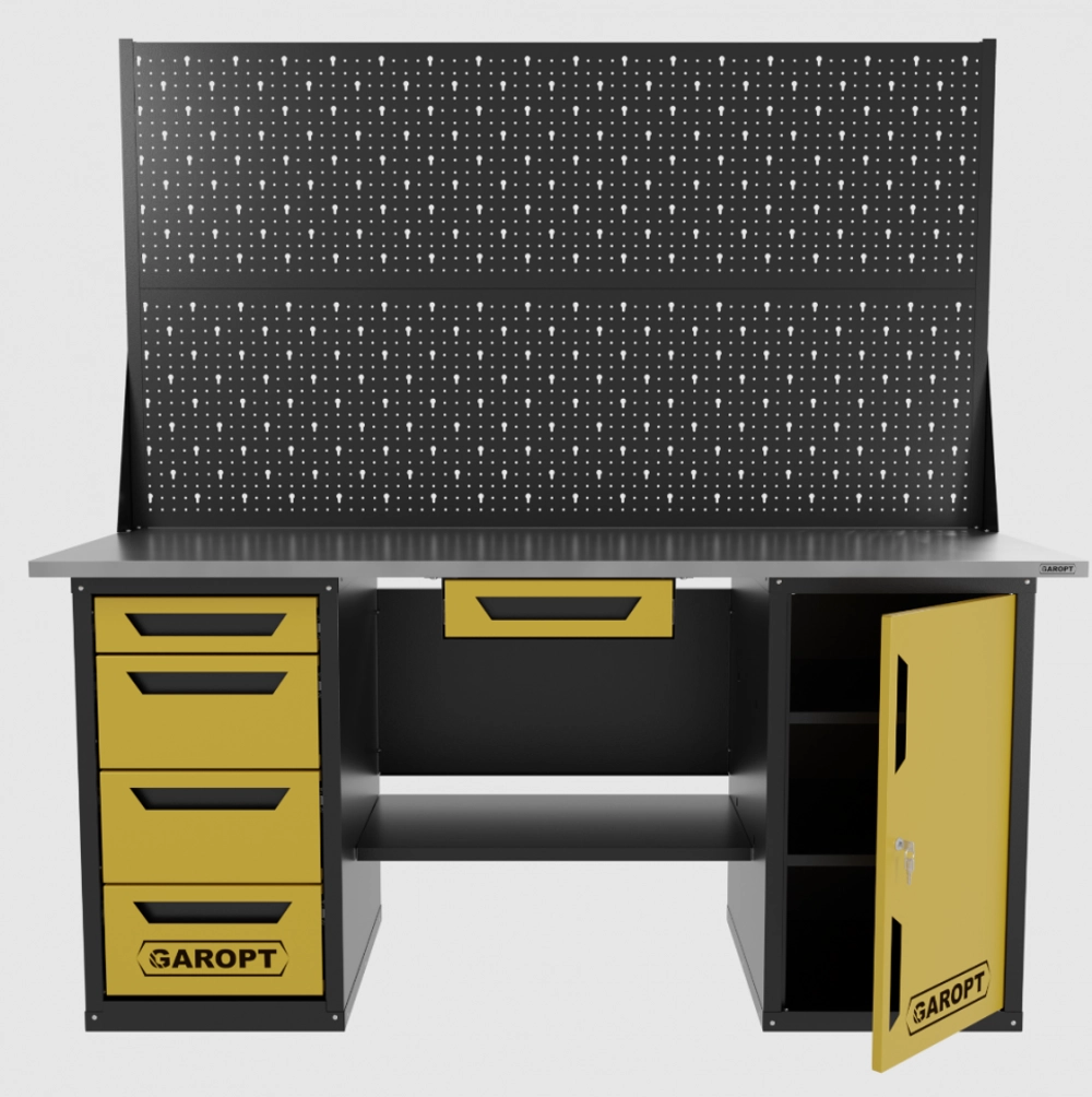Верстак двухтумбовый дверь/4 ящиков с двумя экранами и ящиком, желтый 1800*700 Garopt, GT1800DY1Y4PP2.yell