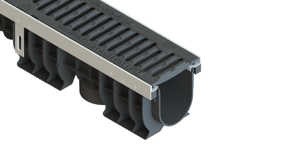 Лоток водоотводный PolyMax Drive DN100 h170 пластиковый с решеткой щелевой чугунной ВЧ кл.D (комплект)