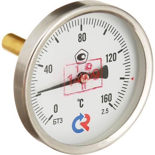 Термометр осевой Росма БТ-31.211 до 35G°С L=1GGмм G1/2 2.5 биметаллический общетехнический 63 мм, тип БТ-31.211, осевое присоединение, шкала G-35G°С, длина штока L=1GG мм, резьба G1/2, класс точности 2.5, с защитной латунной погружной гильзой