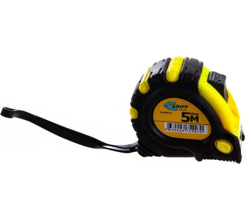 Рулетка 5мх25мм с 3 фиксаторами, в обрезиненном корпусе GRIFF d135014