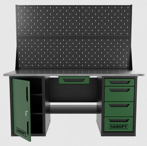 Верстак двухтумбовый дверь/4 ящиков с двумя экранами и ящиком, зеленый 1800*700 Garopt, GT1800DY1Y4PP2.green