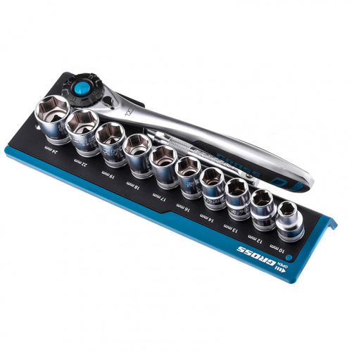 Набор торцевых головок, трещотка 120 зубьев, 1/2", CrV, 12 предметов Gross