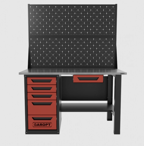Верстак однотумбовый 5 ящиков с двумя экранами и ящиком, красный 1400*700 Garopt, GT1400STY1Y5PP2.red