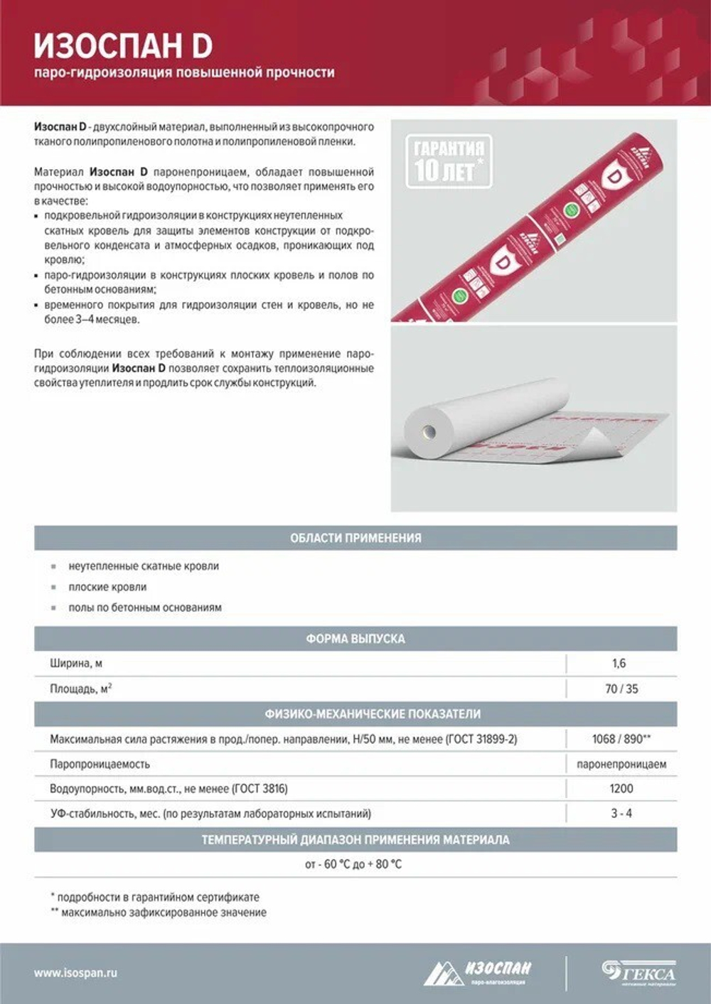 Паро-гидроизоляционная пленка Изоспан D повышенной прочности 70 м2, рул