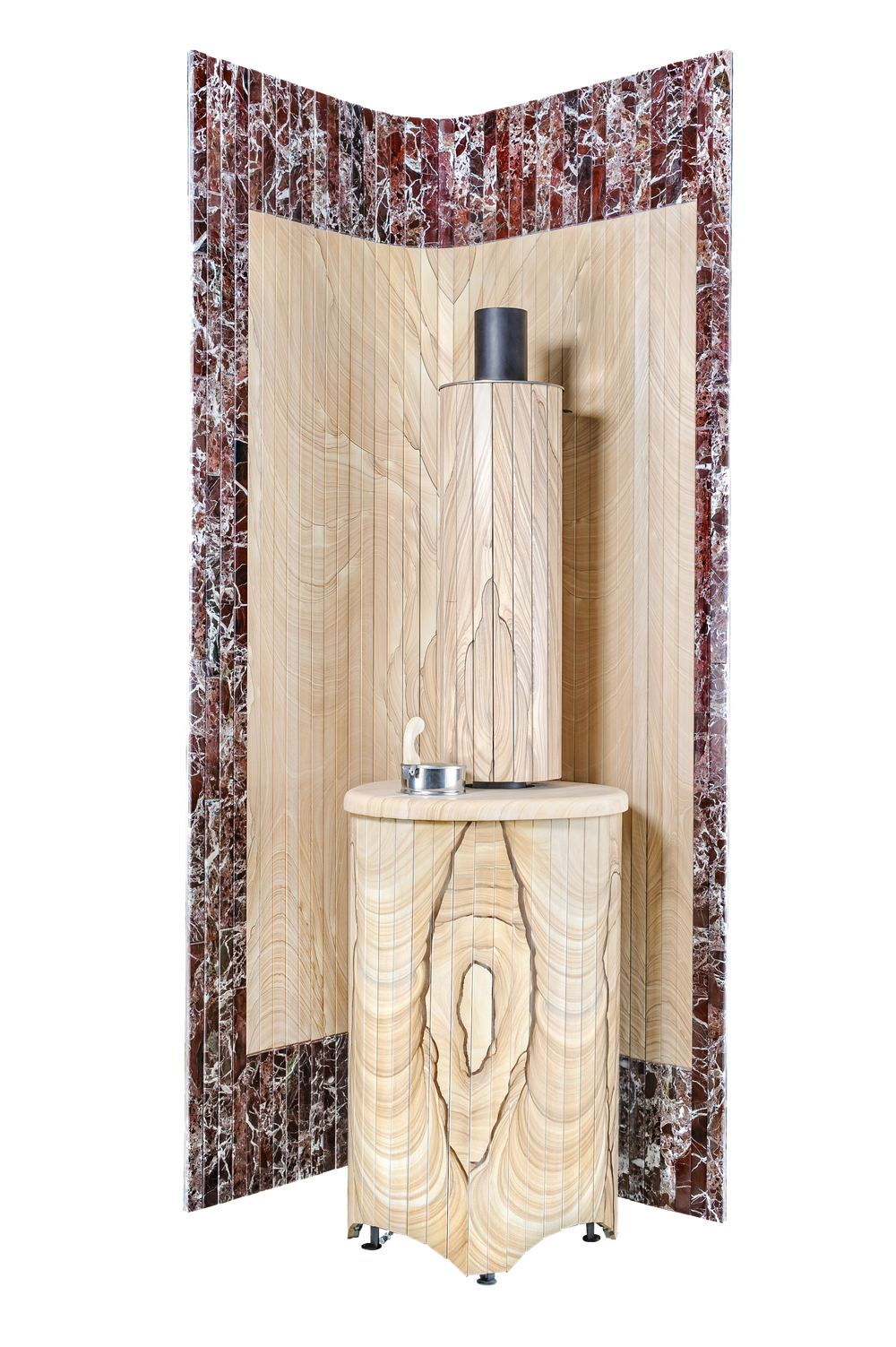 Угловой фасад для банной печи в каменной облицовке