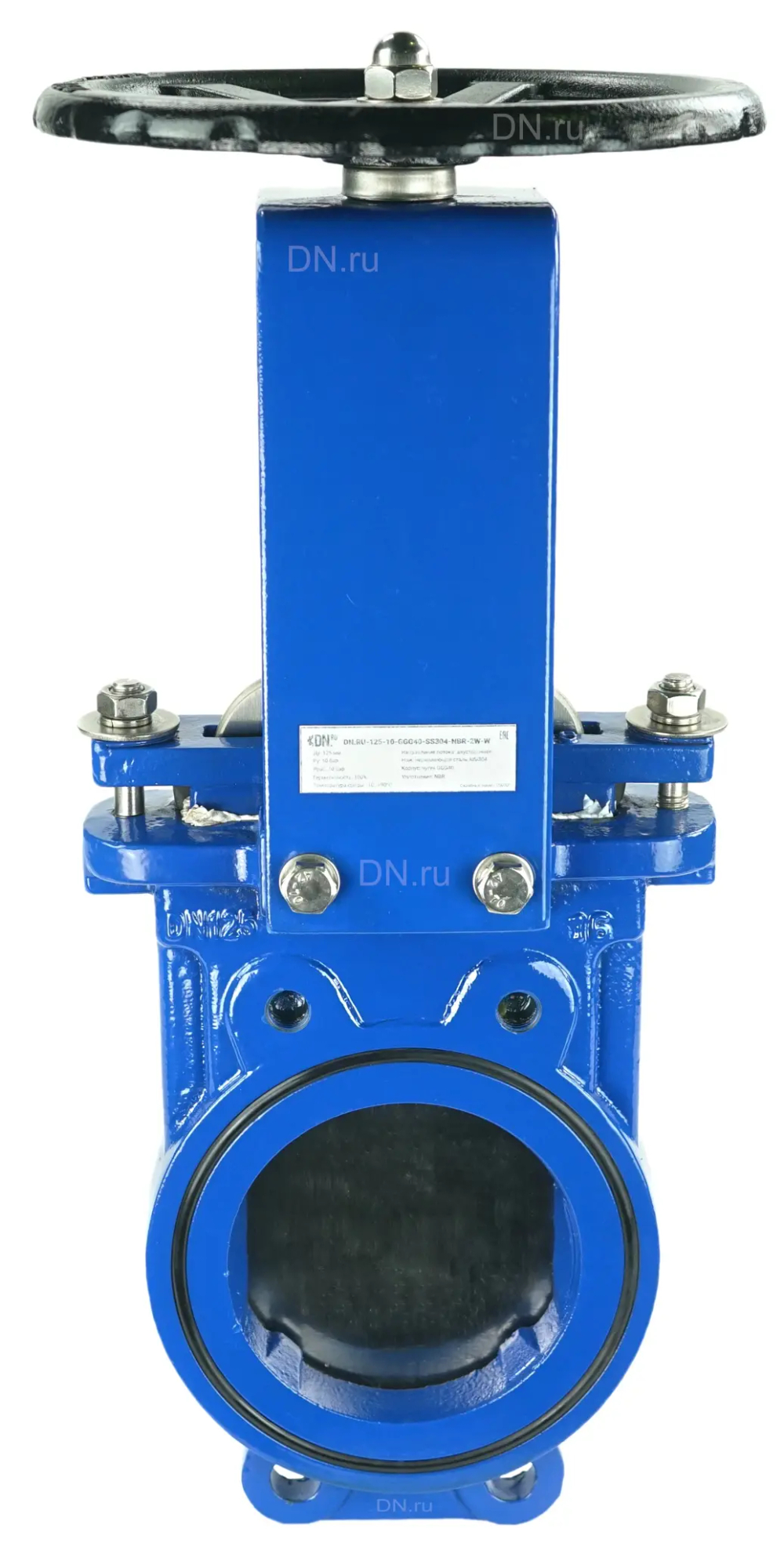 Задвижка шиберная DN.ru GVKN1331N-2W-Fb-S Ду125 Ру10 двусторонняя, межфланцевая, шпиндель - невыдвижной, корпус - чугун GGG40, шибер - нержавеющая сталь 304, уплотнение - NBR, управление - штурвал