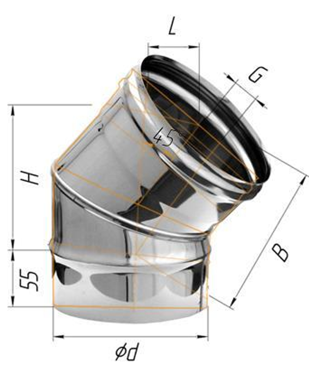 Колено Феррум угол 135°, нержавеющее (430/0,8мм) ф250