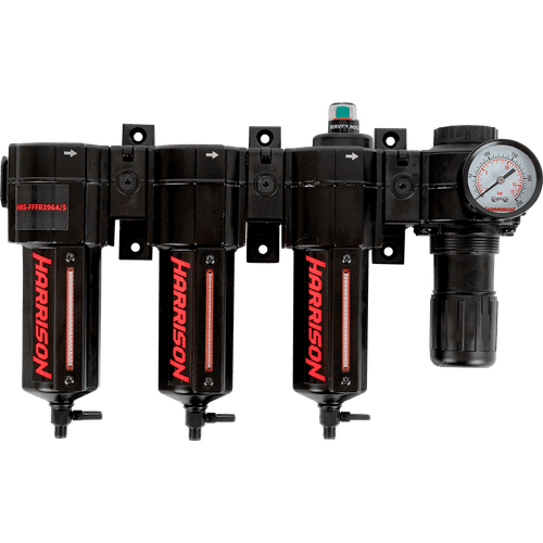 HRS-FFFR3964/5 Блок подготовки с фильтрами 5 мкм, 1 мкм (3964 л/мин), масляным фильтром 0.01 мкм (990 л/мин) и регулятором 1/2"