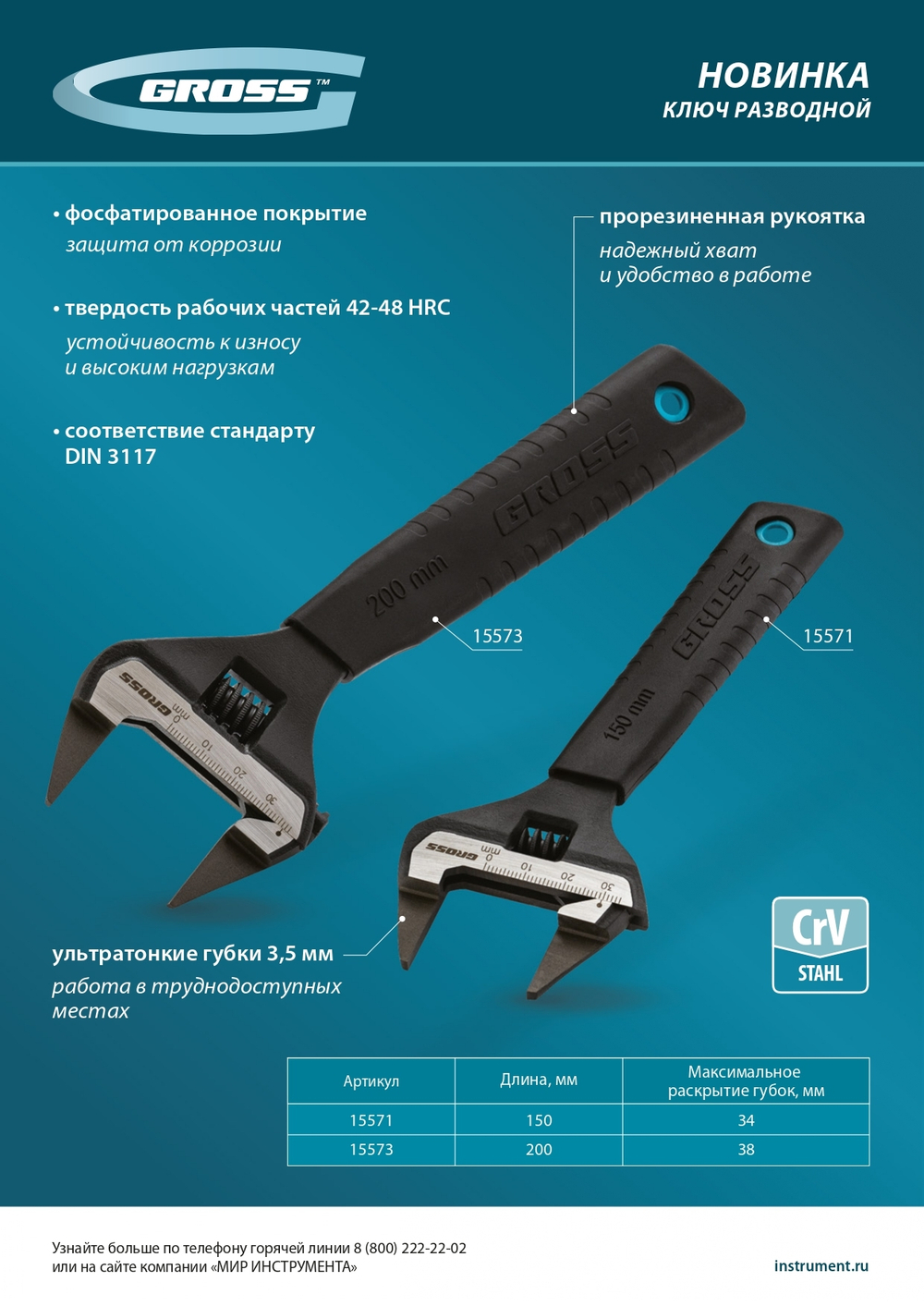 Ключ разводной, 200 мм, CrV, ультратонкие губки// Gross