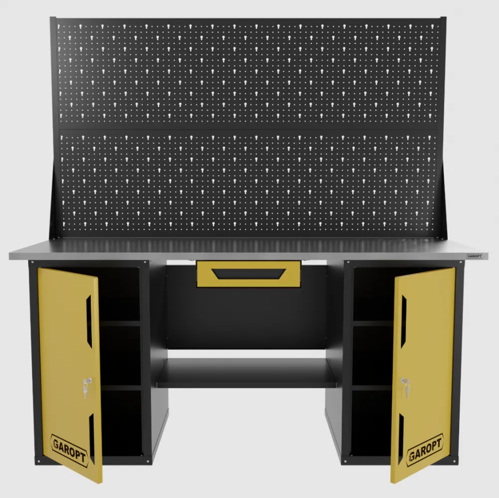 Верстак двухтумбовый с двумя экранами и ящиком, желтый 1800*700 Garopt, GT1800DDY1PP2.yell