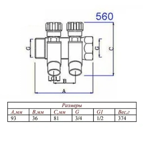 Коллектор регулирующий проходной 2 отвода ¾"в/н x ½"к Valtec VTc.560.N.0502