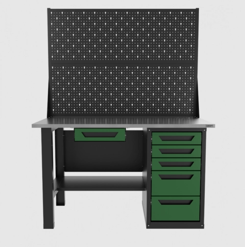 Верстак однотумбовый 5 ящиков с двумя экранами и ящиком, зеленый 1400*700 Garopt, GT1400STY1Y5PP2.green