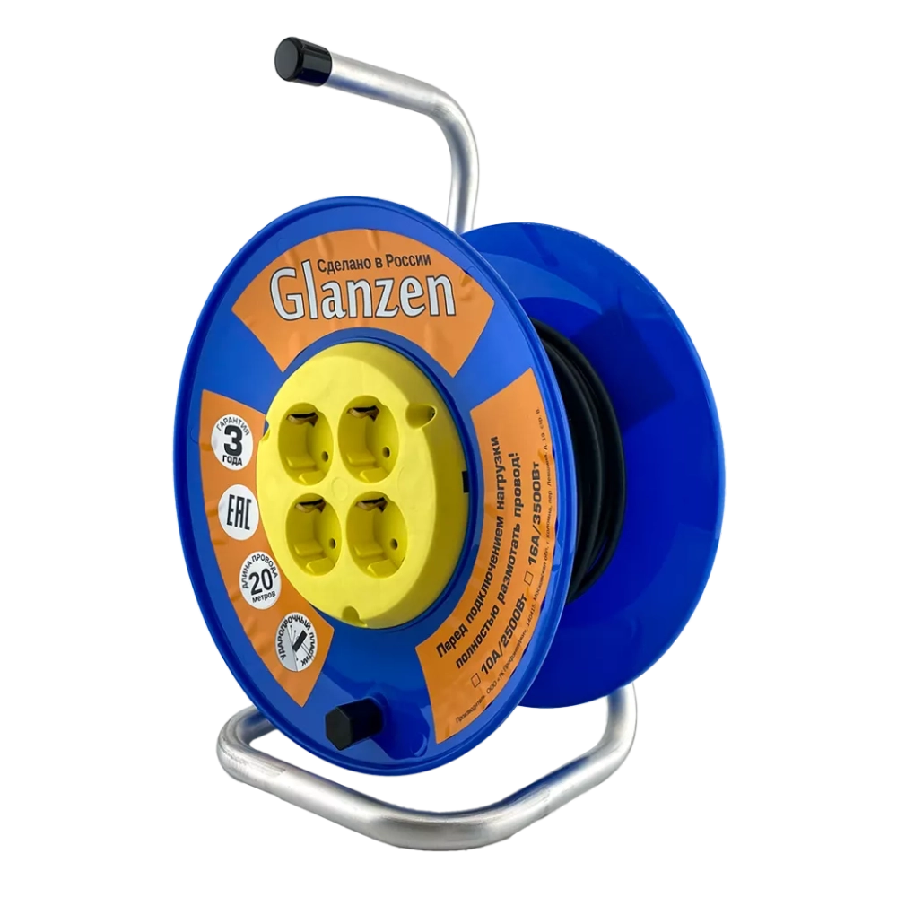 Удлинитель силовой на катушке GLANZEN 4 гн. ПВС 3х1,5 арт. EB-20-019