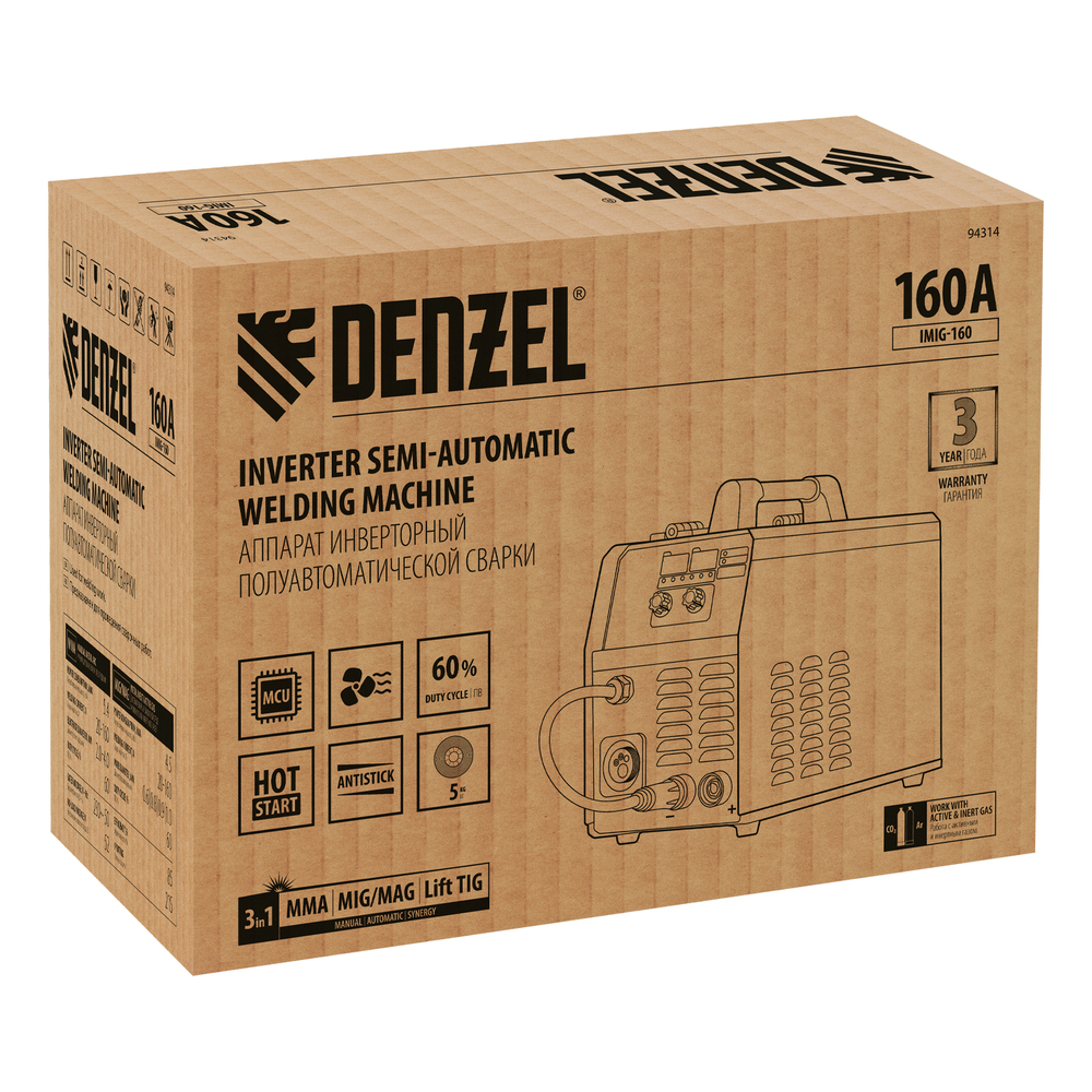 Аппарат инвертор. полуавтомат. cварки IMIG-160 Synergy, 160 А, ПВ 60%, катушка 5 кг Denzel