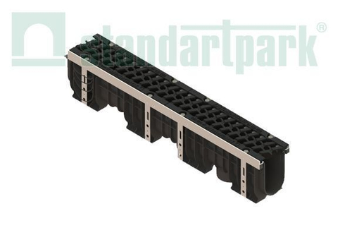 Лоток водоотводный PolyMax Drive DN100 h216 пластиковый с решеткой щелевой чугунной ВЧ кл.Е (комплект)