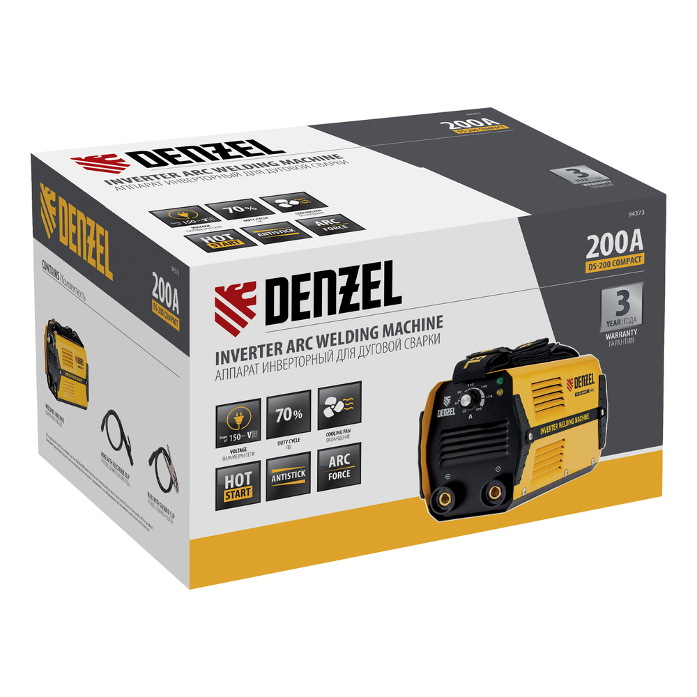 Аппарат инверторный дуговой сварки DS-200 Compact, 200 А, ПВ 70%, диаметр электрода 1.6-5 мм Denzel