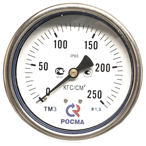 Манометр осевой Росма ТМ-32GТ.GG (G-25Gкгс/см2) M12x1.5 1.5 виброустойчивый (готовый к гидрозаполнению) 63мм, тип - ТМ-32GТ, осевое присоединение, шкала (G-25Gкгс/см2), резьба M12x1.5, класс точности 1.5, цвет хром