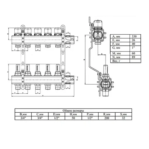 Группа коллекторная с расходомерами 5 отводов 1"в/в x ¾"ек Valtec VTc.586.EMNX.0605