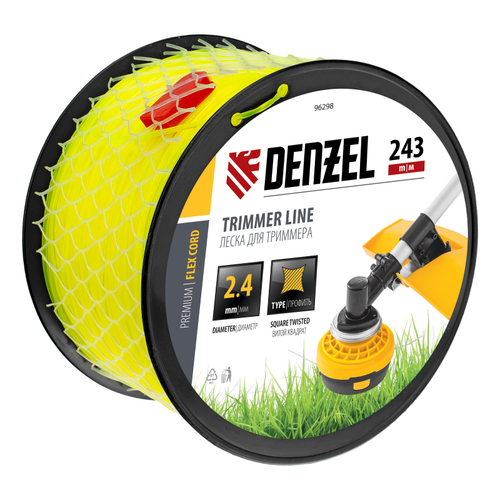 Леска для триммера витой квадрат, 2,4мм х 243м, на DIN катушке FLEX CORD// Denzel