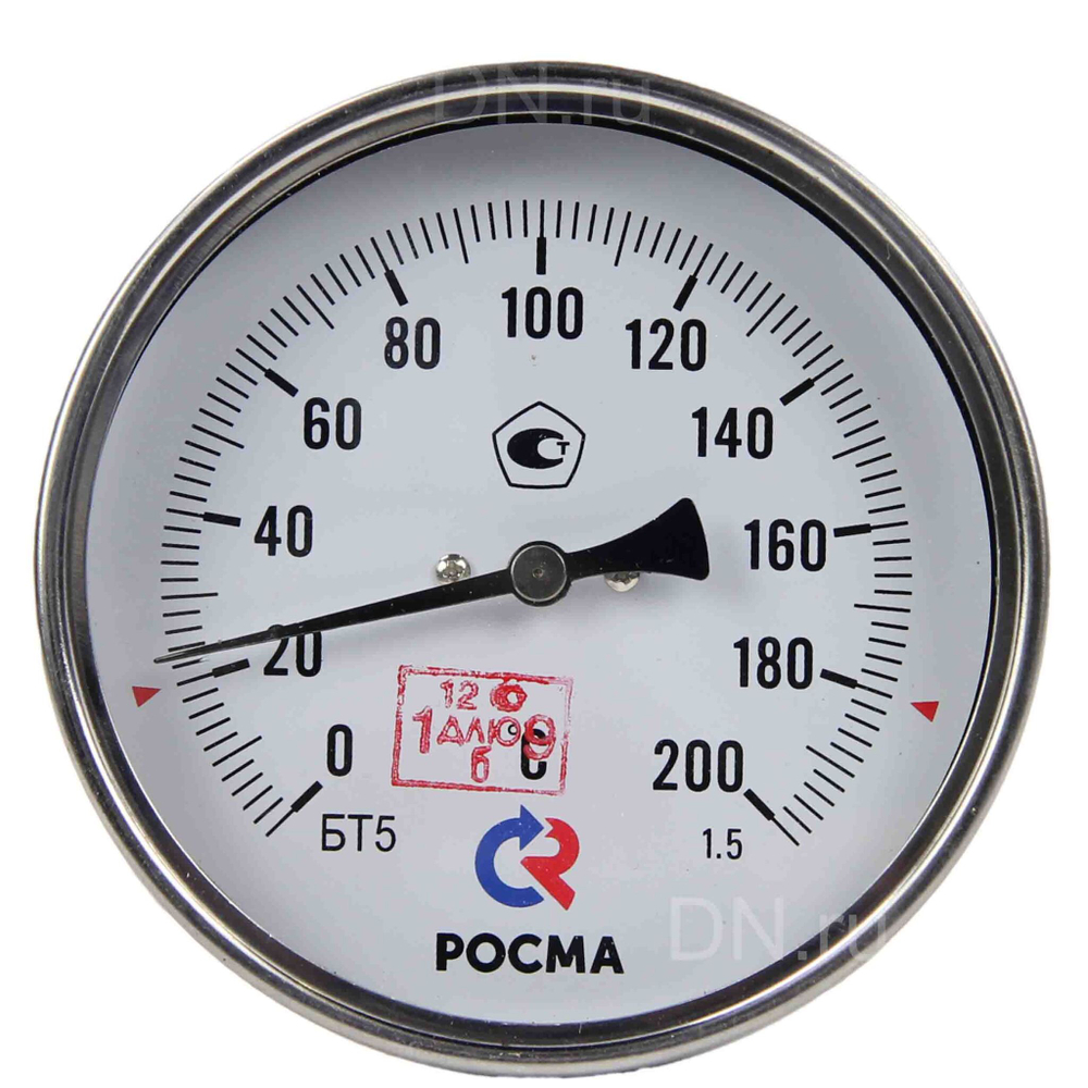 Термометр осевой Росма БТ-51.211 (-4G-6G°С) L=3GGмм G1/2 1.5 биметаллический общетехнический 1GG мм, тип БТ-51.211, осевое присоединение, шкала -4G-6G°С, длина штока L=3GG мм, резьба G1/2, класс точности 1.5, с защитной латунной погружной гильзой