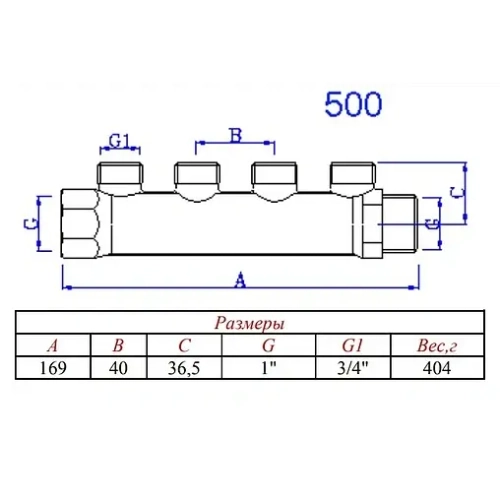 Коллектор распределительный проходной 4 отвода 1"в/н x ¾"ек Valtec VTc.500.NE.060504