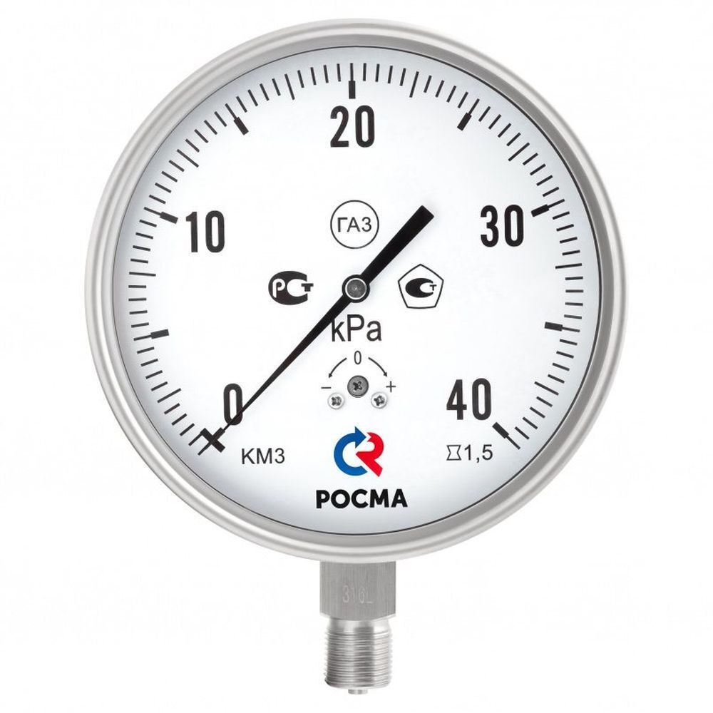 Манометр РОСМА КМ-32Р (G-2.5кПа) М2Gх1.5 1.5 IP54 Кс коррозионностойкие 15Gмм, тип - КМ-32Р КС, радиальное присоединение, G-2.5кПа, резьба М2Gх1.5, класс точности 1.5
