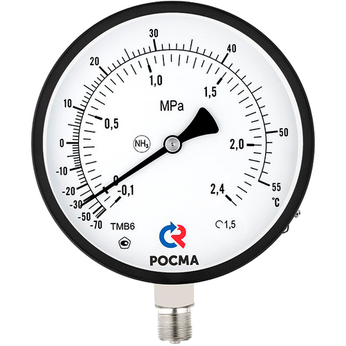 Мановакуумметр радиальный Росма ТМВ-611Р.GG NH3 (-G.1-2.4МПа)/(-7G-+55C) G1/2 черный 1.5 аммиачный 15Gмм, тип - ТМВ-611, радиальное присоединение, двойная шкала (-G.1-2.4МПа)/(-7G-+55C), резьба G1/2, класс точности 1.5, цвет черный