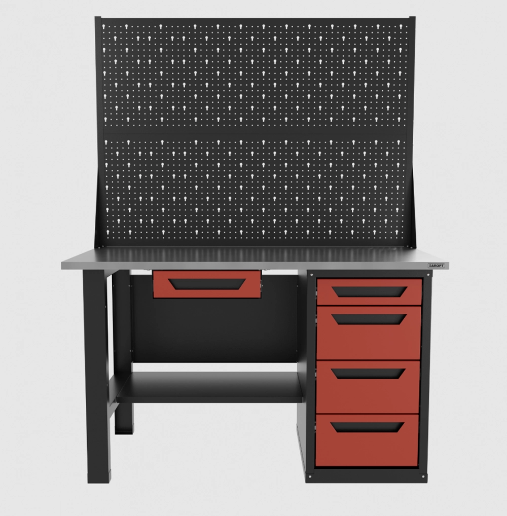 Верстак однотумбовый 4 ящика с ящиком и двумя экранами, красный 1400*700 Garopt, GT1400STY1Y4PP2.red
