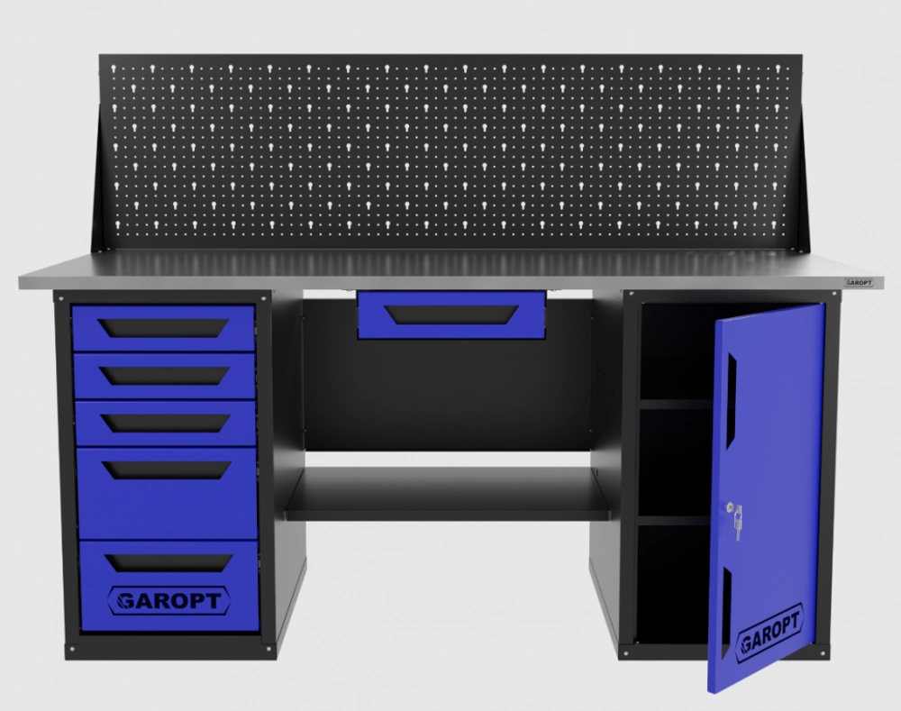 Верстак двухтумбовый дверь/5 ящиков с экраном и ящиком, синий 1800*700 Garopt, GT1800DY1Y5PP.blue