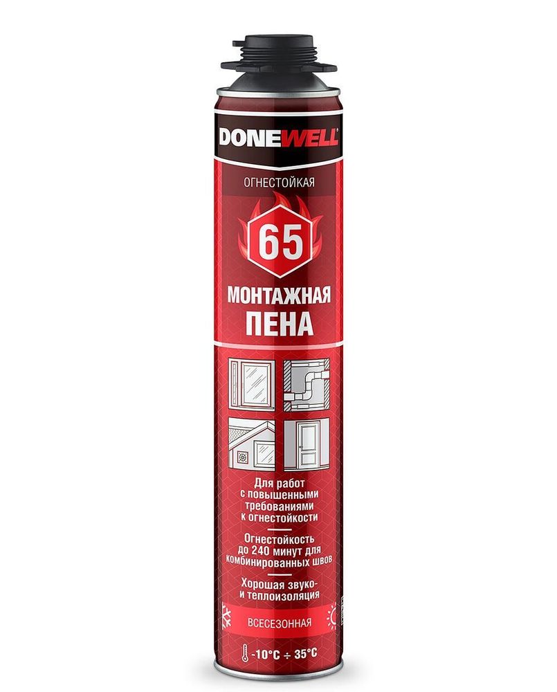 Пена огнестойкая монтажная DONEWELL 65 литров всесезонная -10 ºС +35 ºС 900 гр, 1000 мл