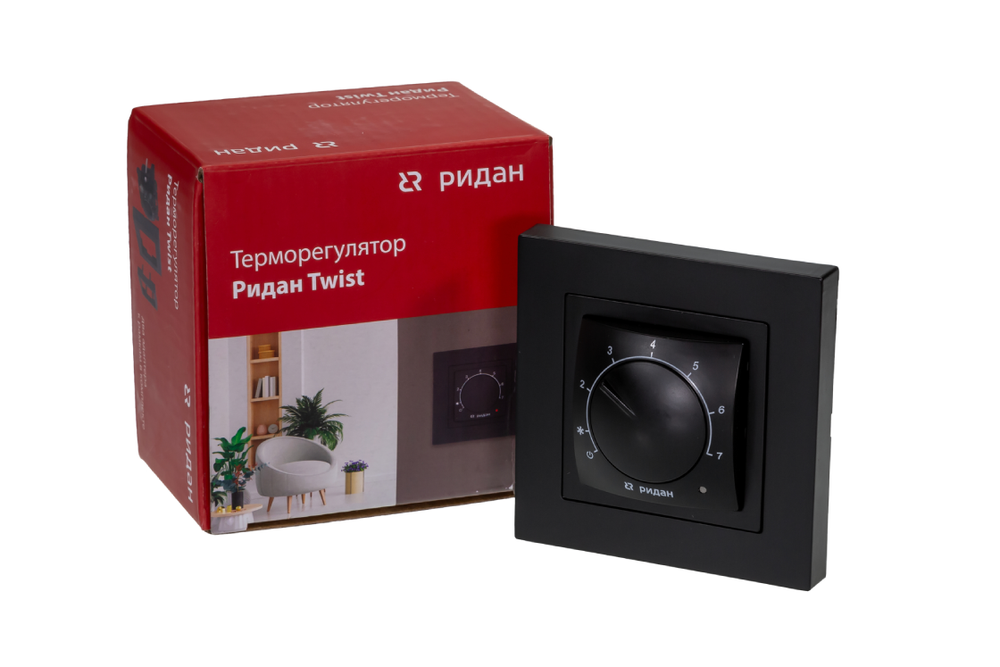 21RT0102R — Ридан Twist терморегулятор черный IP 21, размеры 84 x 84 x 53 мм, диапазон регулирования температуры 5...42 °С